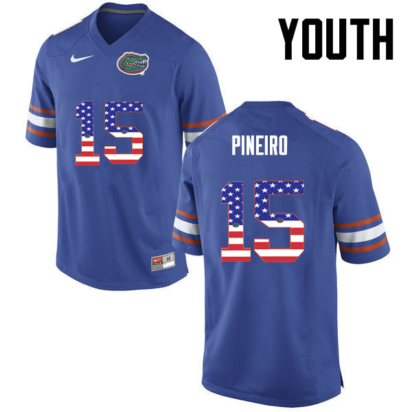 Youth Florida Gators #15 Eddy Pineiro College Football USA Flag Fashion Jerseys-Blue
